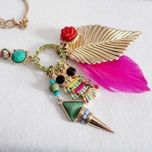 Owl Feather Flower Dangle Pendant Statement Necklace Gold Tone